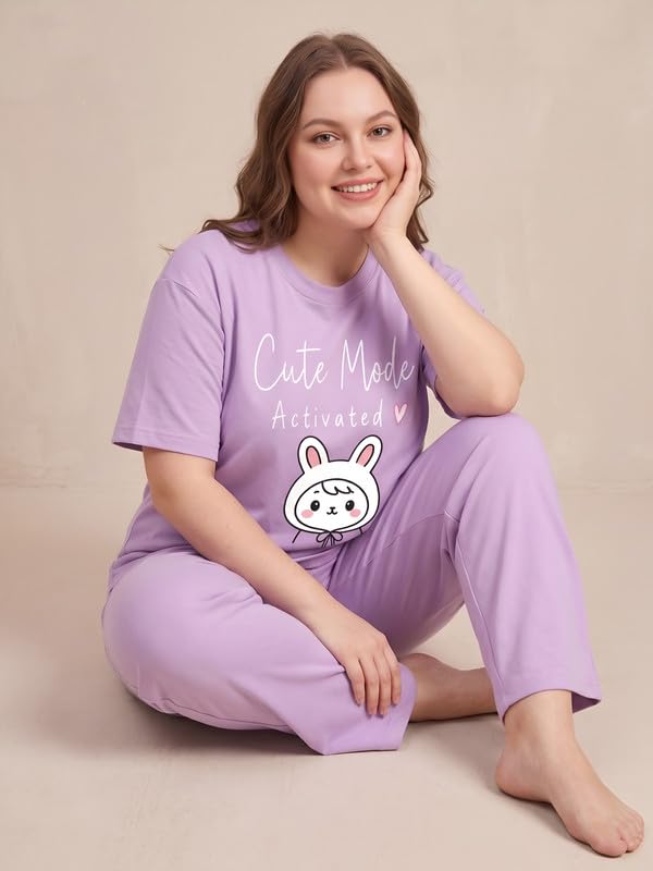 Image of My Swag Womens Nightsuit Set | Cute Bunny Graphic Print T-Shirt & Pajama | Soft Breathable Sleepwear and Loungewear Co-Ord Set for Women