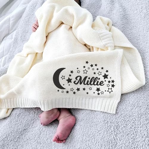 Image of Luxury Personalized Name Baby Blanket, Embroidered Name Baby Blanket, Cute Soft Breathable Cotton Knit Baby Blanket, Newborn Baby Gift, New Mom Gifts, Newborn Baby Girl & Boy Gift