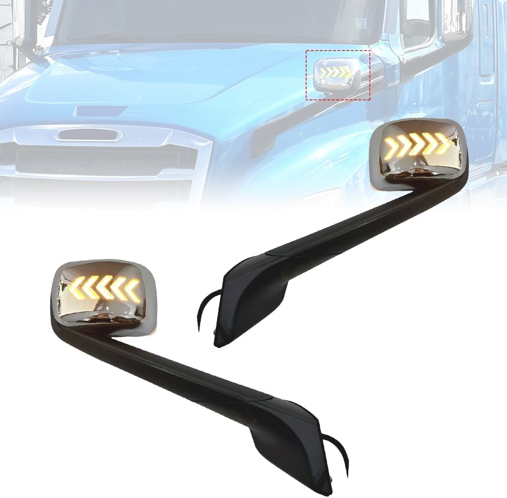 Fit for Truck Freightliner Cascadia 2018+ Chrome Hood Mirror Assembly with LED light Five Arrows Driver and Passenger side One Pair