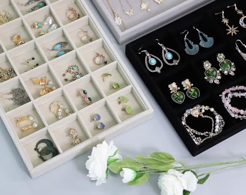 Image of Wudygirl Set of 4 Stackable Jewelry Organizer Trays for Drawer Velvet Drawer Organizer with Lid Jewelry Display Case for Earring Necklace Ring Bracelet Gift for Women Girl(Set of 4,Black)