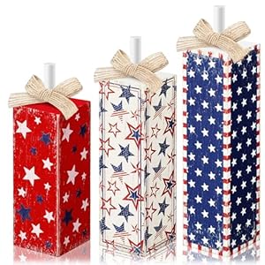 Redbaker 3 Pcs Patriotic Tiered Tray Decor 4th of July Wood Table Block and Centerpieces Memorial Day Decorations Rustic Farmhouse Polka Dot Wooden Firework Sign for Home Table Decor (Star)