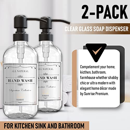 Image of Sunrise Premium 2 Pack Clear Glass Soap Dispenser 16 OZ with Matte Black Stainless Steel Pump, Hand and Dish Soap Dispenser Set for Bathroom and Kitchen Sink with 6 Waterproof Labels