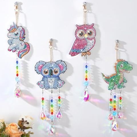 Diamond Art Kit for Kids Gifts, 4 Pcs Double Sided Wind Chime, Crystal Rhinestone Painting, Animal Style Hanging Ornament for Home Window Beginners Craft DIY Supplies Cover