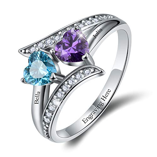 Madeone 925 Sterling Silver 14K Gold Plated Anniversary Rings Promise Rings Engagement Rings Wedding Bands Personalized Mother Ring with 2 Heart Birthstone 2 Names and 1 Engraving Customized Rings (9)