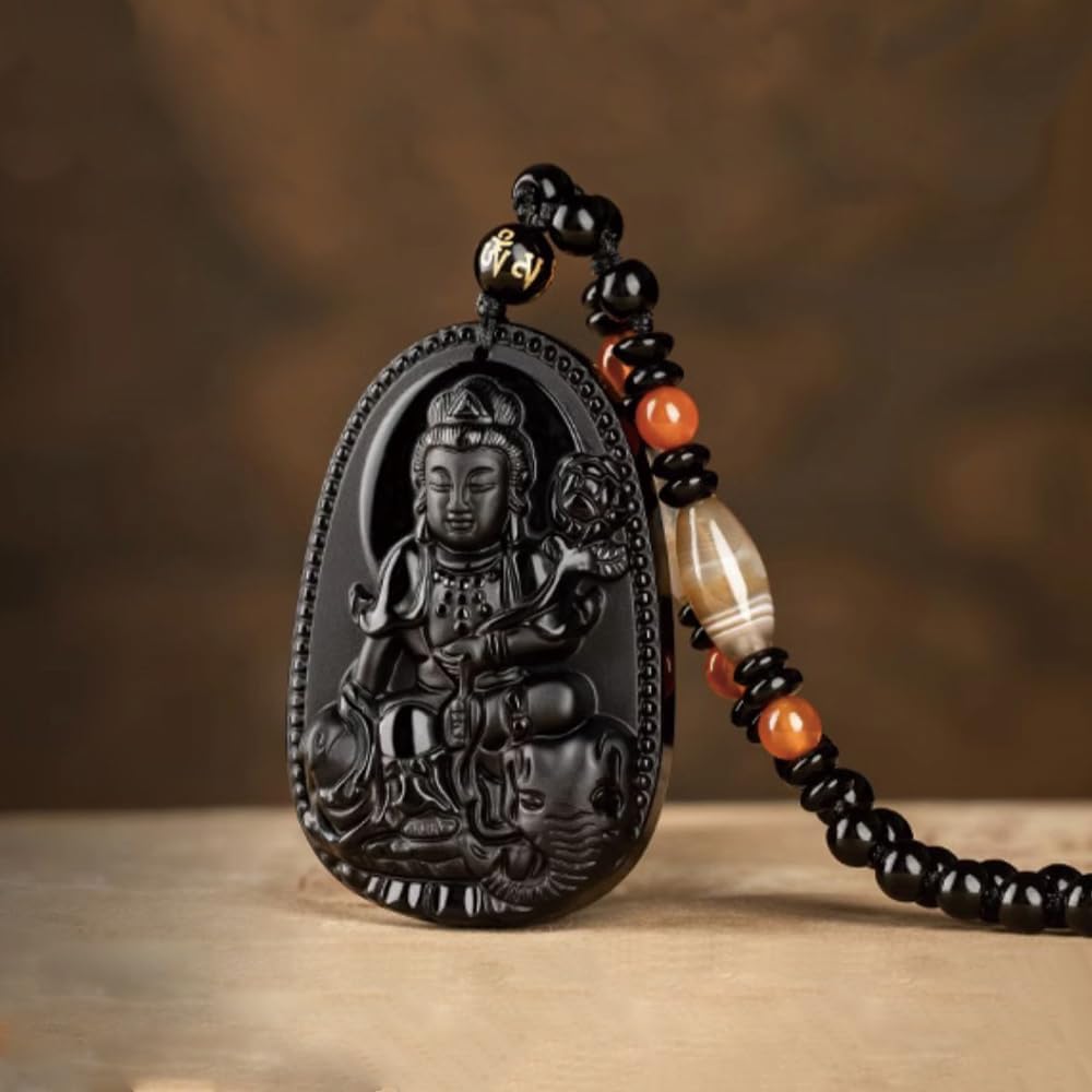 URED Black Obsidian Amulet Guanyin Pendant Charm Healing Crystal Stone Feng Shui Amulet Good Luck Pendant for Men Women