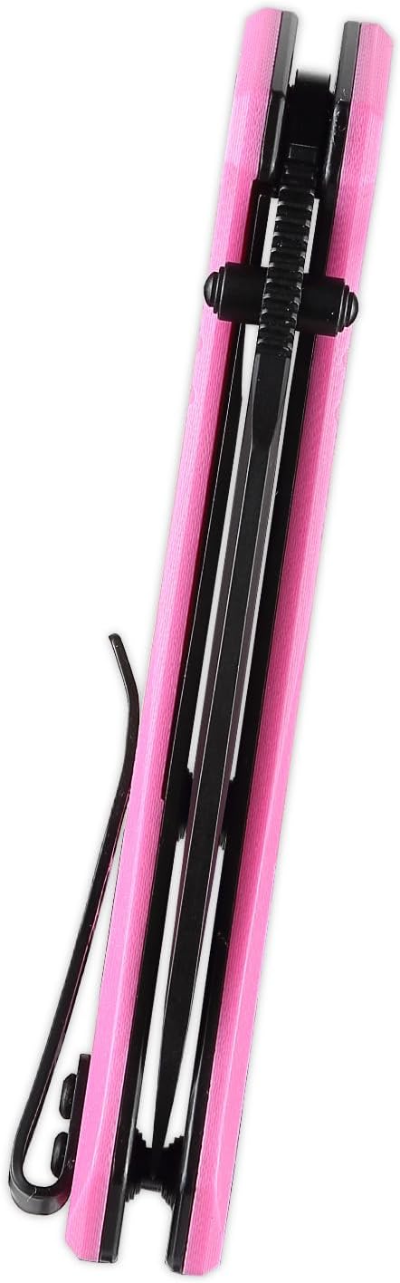 EDC Folding Pocket Knife - D2 Steel Drop Point Black Blade, G10 Handle Scales with Liner Lock, Reversible Clip, Lightweight Outdoor Utility Tool E029, Pink