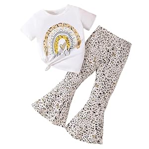 Ayzozuy Kids Toddler Girl Clothes Letter Print Graphic Top + Leopard Print Flare Leg Pants 2PC Summer Clothing Set