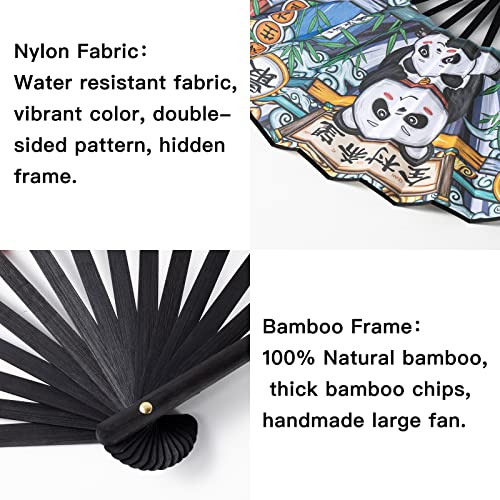 Essshop 13" Large Folding Hand Rave Fan For Women/Men, Chinese Kung Fu Tai Chi Bamboo And Nylon-Cloth Foldable Held Fan With Fan Bracket For Party,Drag Queen,Decorations And Festival Gifts (Panda) #TOP1