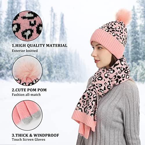 Taotique 3 In 1 Winter Hat Scarf Gloves Slouchy Beanie Snow Knit, Women Cap Touch Screen Mittens Scarves For Women-Pink #TOP1