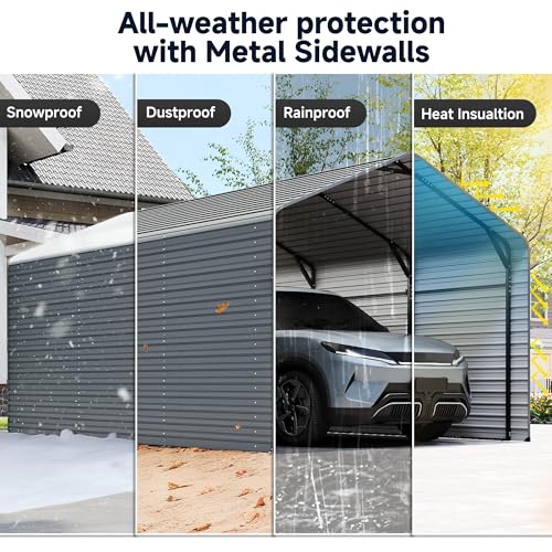 Image of 10x15FT Heavy Duty Metal Carport,Outdoor Garage with Metal Side Panels, Enclosed Car Ports with Heavy Duty Steel Frame and Galvanized Roof for Cars and Boats, Equipment Storage,Tools, Gray