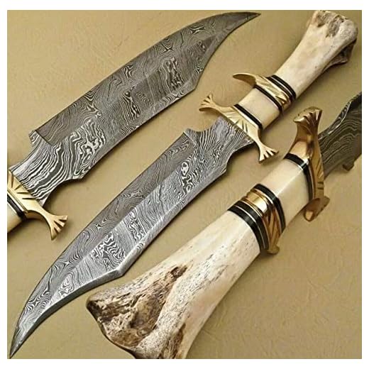 Hand Smith 15" Handmade Damascus Steel Hunting Knife, Hand Forged Damascus Steel Fixed Blade Bowie Knife, Genuine Leather Sheath, Camel Bone Handle Firm Grip (White)