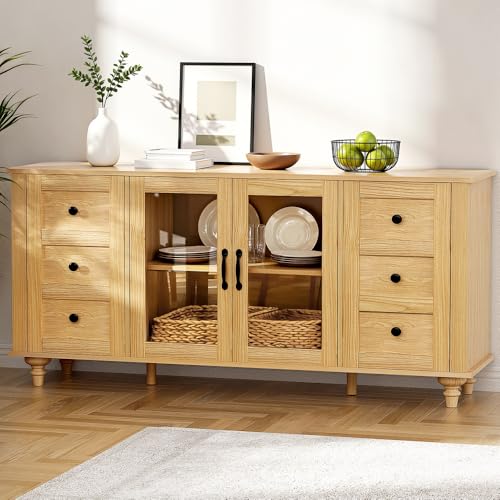Artiss Buffet Sideboard Cabinet with Clear Doors, 150CM Length Wide Tabletop Storage Cupboard - Faux Drawer Door Design Perfect for Kitchen/Hallway/Dining Room/Living Room/Bedroom, Easy Assembly, Pine
