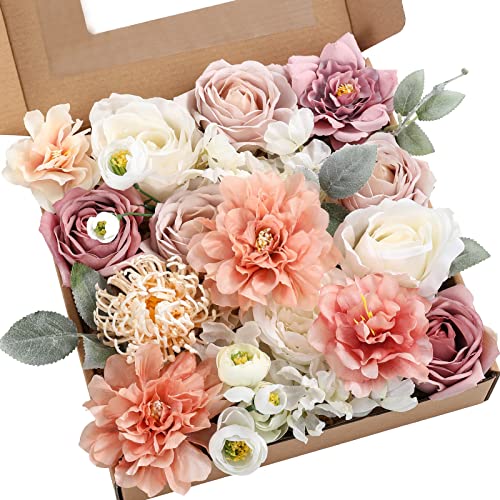 Yyhuawu Artificial Flowers Combo Set Fake Flower Leaf Box With Stems For Diy Wedding Bouquets Centerpieces Flower Arrangements Decorations Baby Shower Party Home Decorations White Pink #TOP2