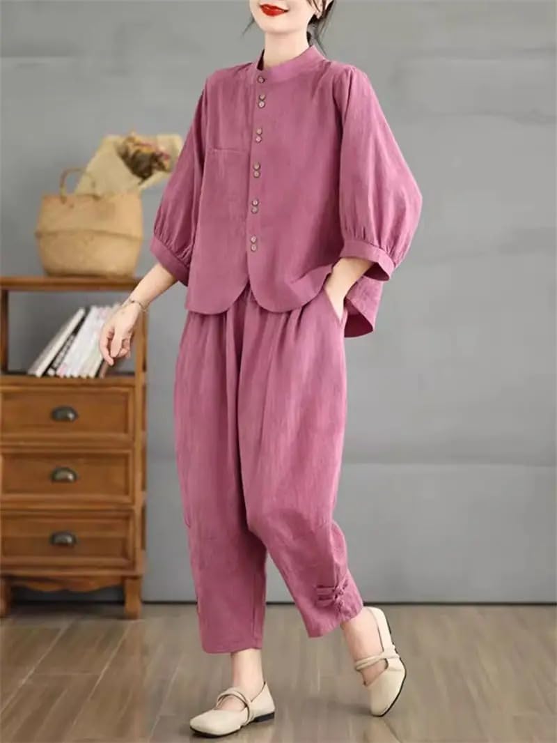 Women Cotton Linen Lantern Sleeve Two Piece Set Pants Loose Fit Casual Outfit