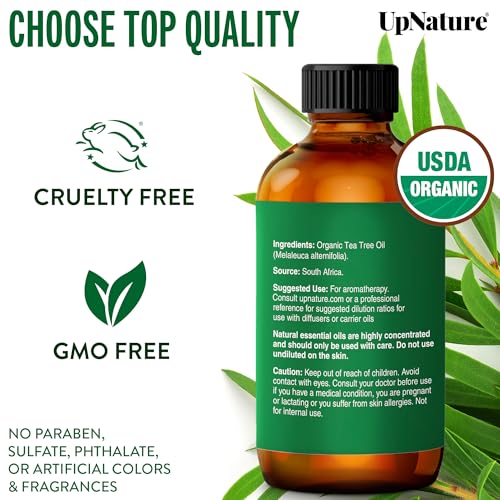 UpNature Tea Tree Oil - 100% Pure USDA Certified Organic Tea Tree Essential Oils for Skin, Hair, Toenail, Body and Scalp (2oz)