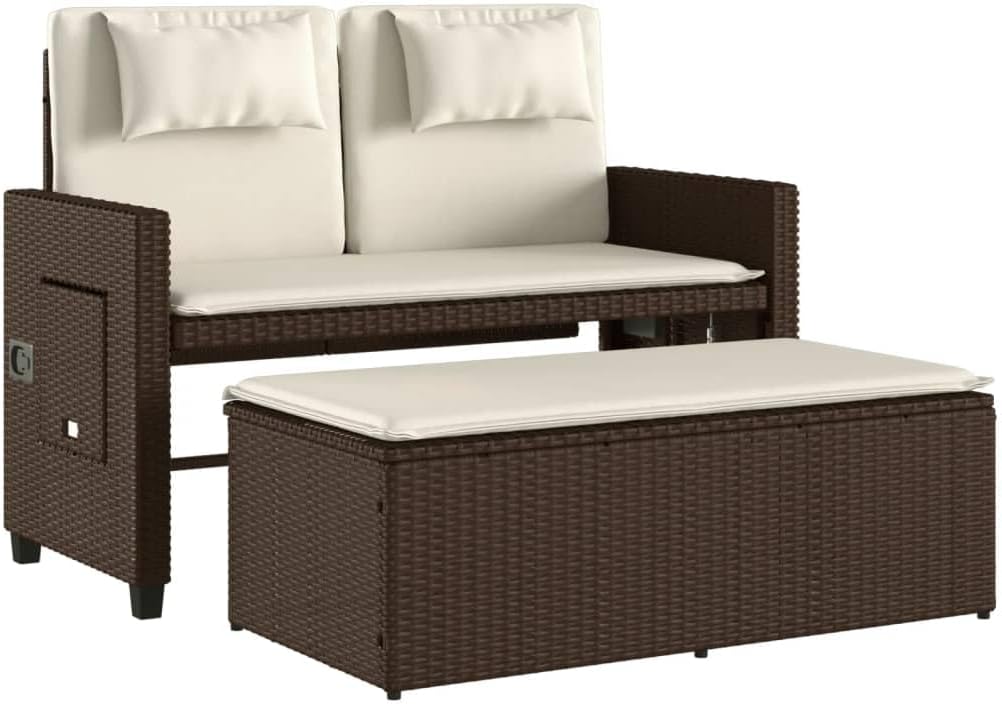 Garden Bench Brown, Cream White,Reclining Garden Bench with Adjustable Armrests & Luxurious Cushions Brown Poly Rattan Outdoor Seating for or Terrace Patio Furniture