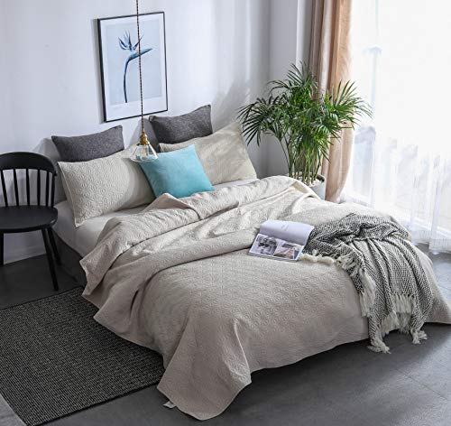 Kasentex Quilted Coverlet Set-Pre Washed-Luxury Microfiber Soft Warm Bedding-Solid Colors Bedspread-Contemporary Star Design, King + 2 Shams, Sand Beige #TOP1