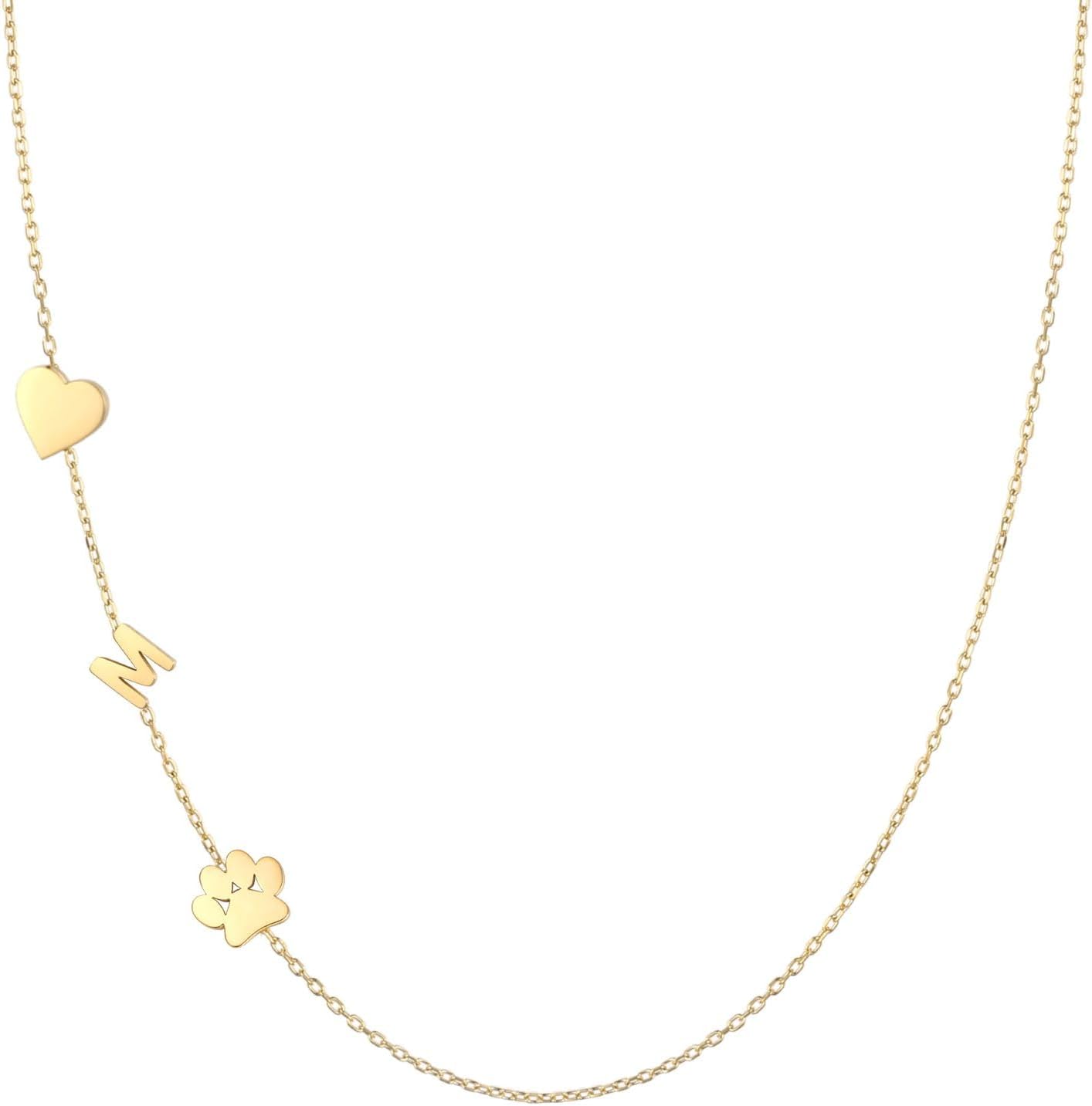 GINAZL Personalized Sideways Paw Print and Initial Necklace, Dog Cat Mom Gift Pet Memorial Gifts Mothers Day for Women