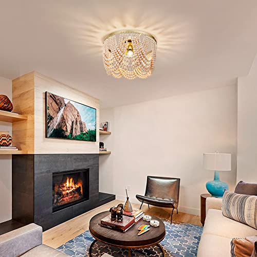 3-Light Boho Wood Beaded Chandelier Light Fixture, Gold And Oak Finish Semi Flush Mount Ceiling Light For Nursery Room, Girl Room, Kids Room, Bedroom, Hallway, Entryway, Passway #TOP4