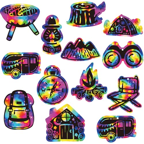 Fancy Land Camping 24 Pack Scratch Cards for Camping Party Supplies DIY Scratch Paper Art Craft Kit for Camp Theme Birthday Party Activities Summer Indoor Outdoor Supplies