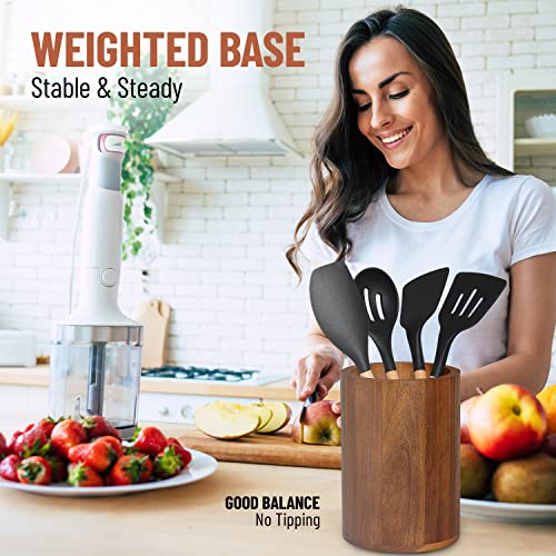 Acacia Wood Utensil Holder For Kitchen Counter Decor, Flatware & Utensil Storage Organizer - Kitchen Utensil Organizer For Countertops, Pantry, Bathroom, Office & Center Table #TOP3