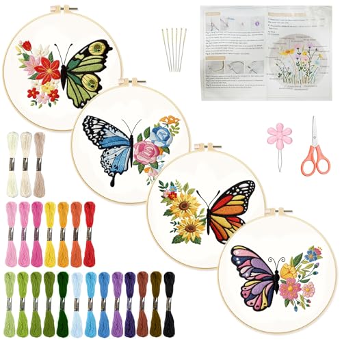 Image of INFUNLY 4 Sets Butterfly Embroidery Starter Kit for Beginners Flower Stamped Cross Stitch Kits with Instructions for Beginners Adults Include Embroidery Hoop Threads and Needles