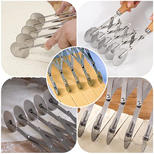 Juome 5 Wheel Pastry Cutter with Wooden Handle, Multi-Round Wheel Pasta Dough Cutter Roller Pizza Slicer Accordion Pastry Knife Divider Tool - Thumbnail 3
