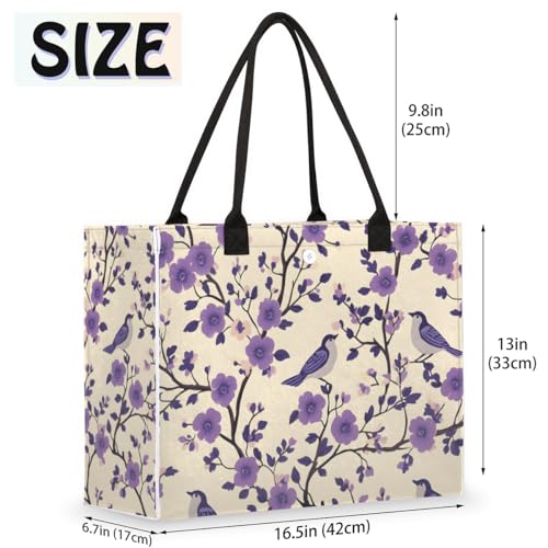 Purple Bird Florals Tote Bag for Women Large Beach Bag Reusable Tote Bags for Work Travel Beach Shopping2