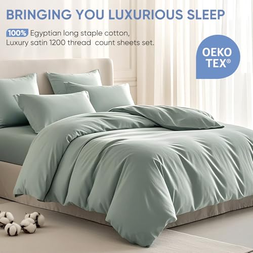 Image of TWK 100% Egyptian Cotton 1200 Thread Count Bedding Sheet Set, Substantial Thickness, Durable Long-Lasting Wear, Resists Pilling, 18 inch Max Deep Pocket Fit (Mineral, Queen)