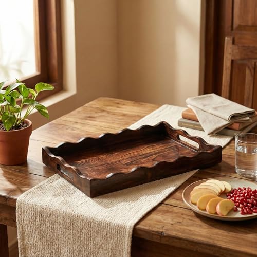Image of Wooden Rectangular Serving Tray for Home & Kitchen - 13 x 9 Inch Antique Finish Breakfast, Tea & Snacks Tray with Handles for Dining Table, Coffee Table & Serving Guests