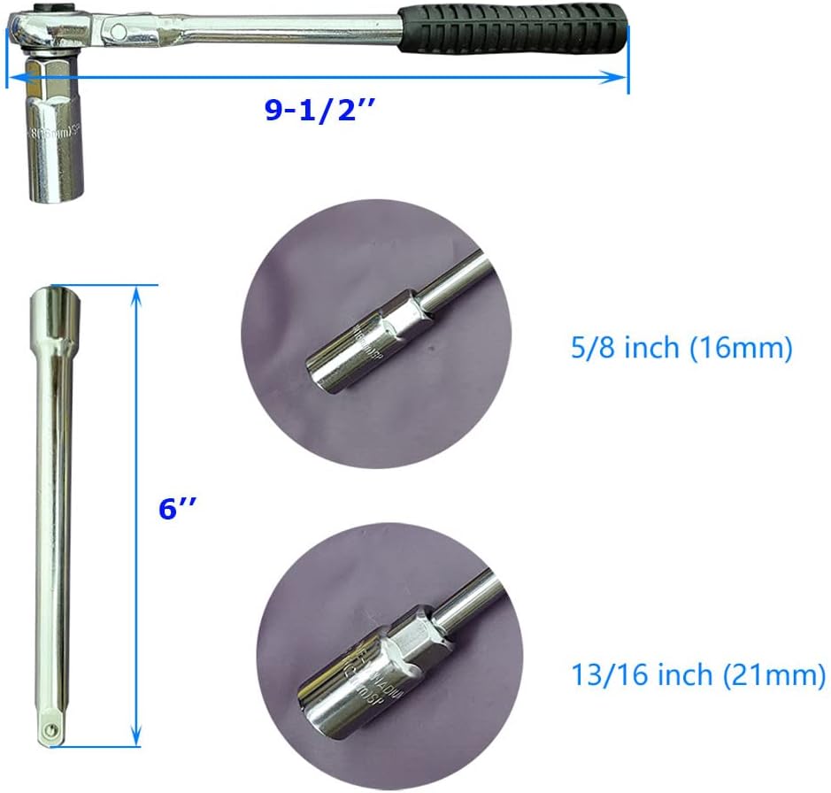 6" Extension Bar Adjustable 4 way Ratchet Wrench Handle, Spark Plug Wrench Set, 5/8'' 13/16'' Square Drive Clip, 9-1/2'' Long Torque Wrench Socket