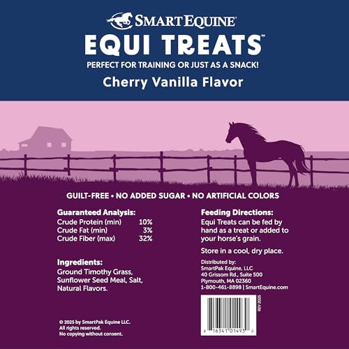 SmartEquine Equi Treats | Made with Timothy Grass & Sunflower Meal | High-Fiber Horse Treats | Low ESC & Starch | Bite-Sized | No Added Sugar | Cookies for Horses | 4 LB (4 LB, Cherry Vanilla)