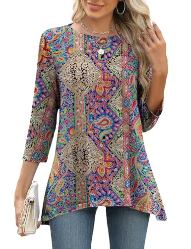 LOMON 3/4 Sleeve Tunic Tops for Women Loose Fit Dressy Casual Blouse Flowy Shirts to Wear with Leggings S-3XL