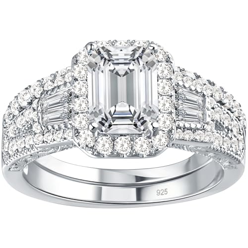 Newshe Jewellery Wedding Rings for Her AAAAA Cz Women's Bridal Sets 925 Sterling Silver Emerald Cut Engagement Ring Size 5-10