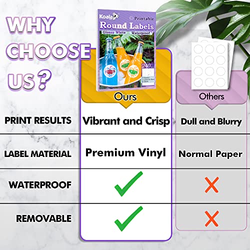 Koala Round Labels 2 Inch, Glossy Waterproof Printable Circle Stickers for Inkjet and Laser Printer, 240 Circle Labels for Brand Logo, Bottle, Jar