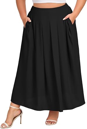 Moon Wood Womens Plus Size High Waist Elastic Long Maxi Skirt Flowy Pleated A-Line Casual Swing Summer Skirt with Pockets