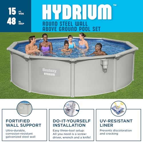 Bestway Hydrium Above Ground Swimming Pool, 15\' x 48\" Round Steel Wall Pool Set with Sand Filter Pump, Chemical Dispensers, and Accessories