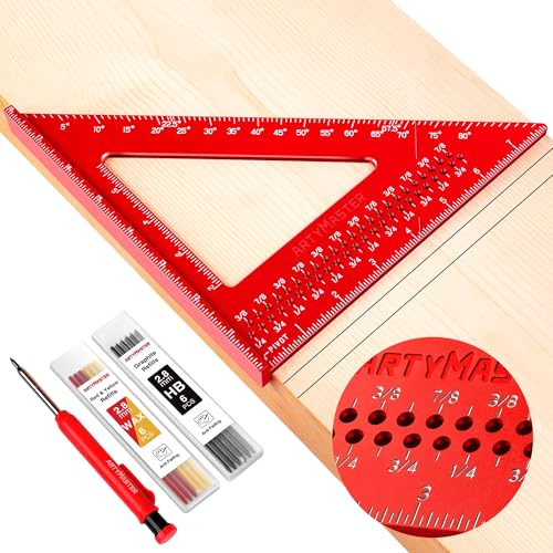8 inch Carpenter Square, 1/16' Precision Hole Scribing Square Tools, 0-90° Aluminum Alloy Rafter Square, Woodworking Square & Carpenter Pencils 12 Refills