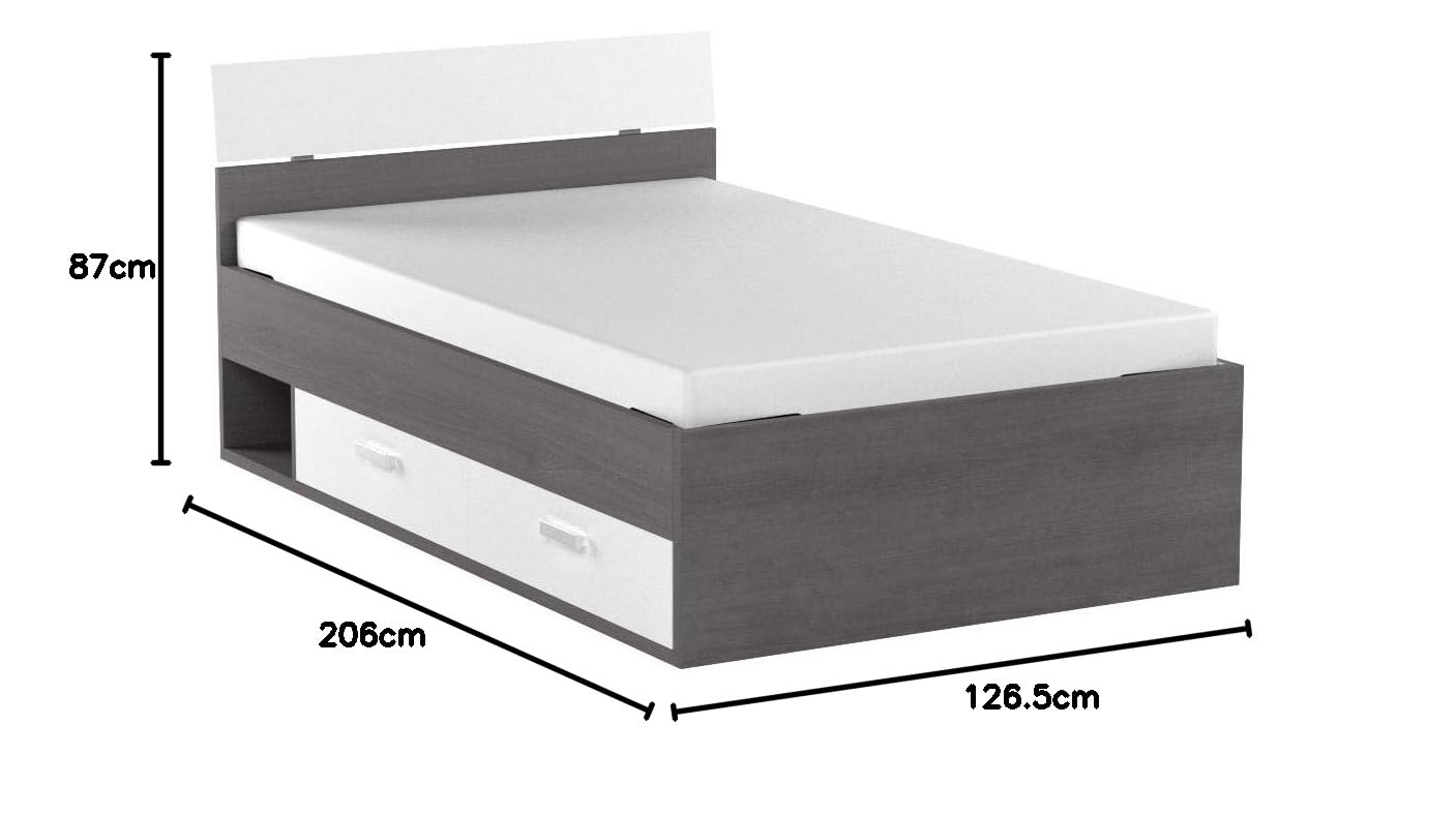 Composad | Letto Piazza e Mezzo con Cassettoni della Linea MIPIACE, Letto Moderno, (LxAxP) 126,40x87x211,80 cm, Colore Grigio Cemento e Bianco laccato, Made in Italy