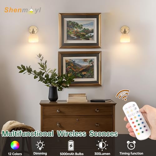 Image of Shenmoyl Vintage Battery Operated Wall Sconce with White Tulip Glass Lampshade 5000 mAh Rechargeable Battery Powered Wall Light with Remote Control for Bedside Bedroom Doorway, Set of 2