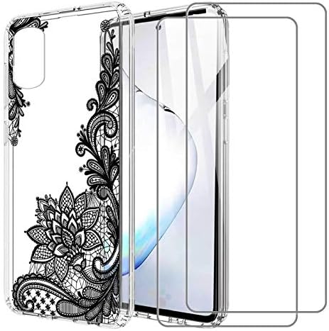 Compatible for Samsung Galaxy Note 10 Lite Case with 2 Tempered Glass Screen Protector Soft Silicone Crystal Clear Bumper Slim Protective Phone Cover Case for Samsung Galaxy A81,Black Flowers