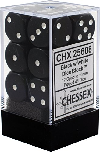 Chessex 25608 Opaque Black with White - 16 mm Six Sided Dice Set of 12