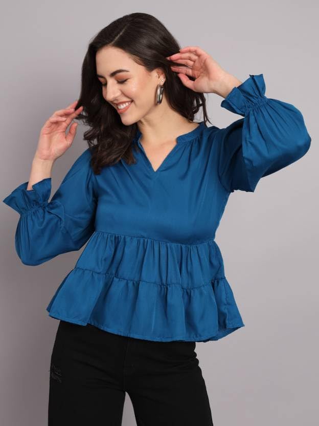 Image of THE DRY STATE Women's Rayon Casual Puff Sleeves Printed Multicolor Crop Top (S, Autumn Glory)