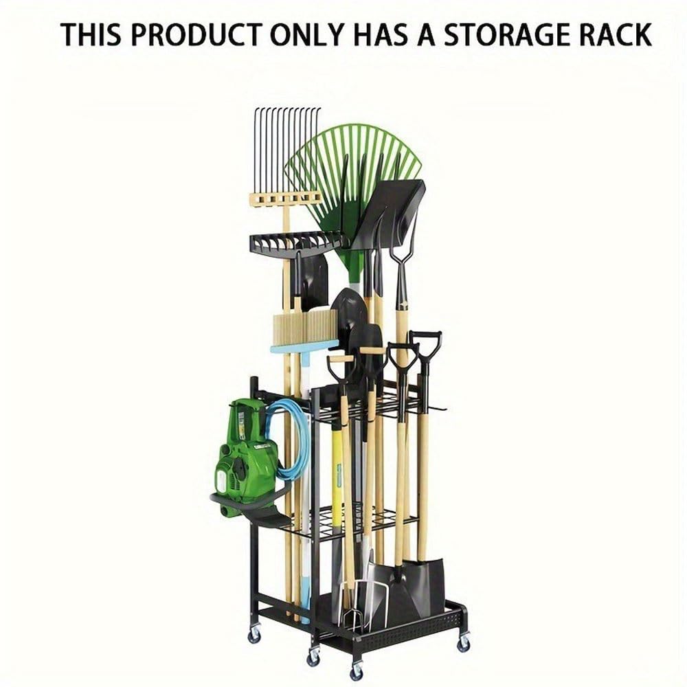 Scaffale per attrezzi resistente, organizer da garage con ruote per attrezzi da giardino, rastrelli, pale e attrezzature con manico lungo