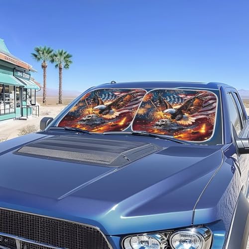 Image of 2 PCS Car Windshield Sun Shade Foldable Skull Eagle 250th Anniversary Automotive Front Window Sunshade Blocks UV Rays and Keeps Vehicle Cool Universal Fit Most Cars SUV Truck Van