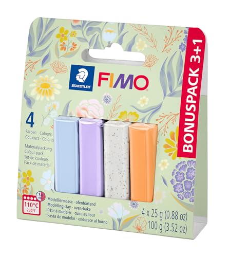 STAEDTLER FIMO Spring Bloomy Colours - Arcilla de modelado polimérico - Hornear - Juego de iniciación - 3+1 colores surtidos gratis, 8023-S2 P