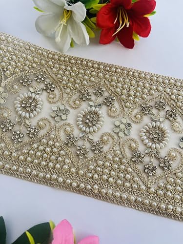 Encaje de lujo con perlas y diamantes oro pálido de 5.25 pulgadas para alta costura 7