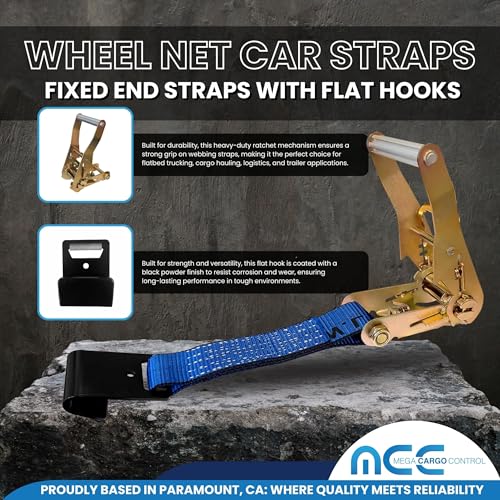 Image of Mega Cargo Control 4 Set 2 inch x 10' Wheel Lift D Ring Lasso Strap w / (4) 2 inch Ratchet, (4) Flat Hook, (4) Lasso Winch Sleeve Protector - (Gift) | Ratcheting Tow Truck & Hauling (Blue)