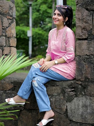 Image of Women's Viscose Rayon Embroidered A-Line Short Kurti Above Knee Regular Fit Tunic Top Office Wear Casual short kurti for women | office wear top | A-line kurti | raksha bandhan gift dress for women