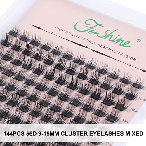 Fenshine Cluster LashesIndividual Lashes Wide Stem C/D Curl 9-15mm Length DIY Eyelash Extension Individual Soft False Lashes for Personal Use at Home (144pcs Mix 9-15MM, Eyelash Extension Kit)